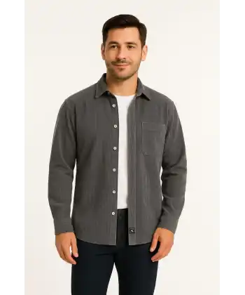 Erkek Fitilli Kadife Cepli Gömlek Oversize Rahat Kalıp - Füme
