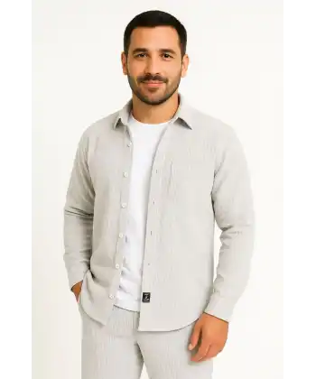 Erkek Fitilli Kadife Cepli Gömlek Oversize Rahat Kalıp - Gri