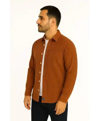 Erkek Fitilli Kadife Cepli Gömlek Oversize Rahat Kalıp - Kahverengi