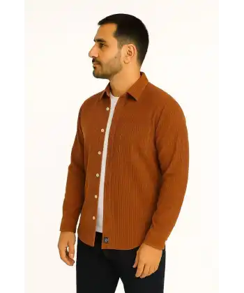 Erkek Fitilli Kadife Cepli Gömlek Oversize Rahat Kalıp - Kahverengi