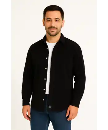 Erkek Fitilli Kadife Cepli Gömlek Oversize Rahat Kalıp - Siyah