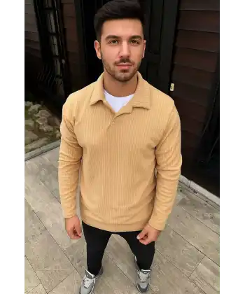 Erkek Fitilli Polar Sweatshirt – Düğmesiz Polo Yaka, Oversize Rahat Kalıp, Kalın Polar Kumaş, Kışlık ve Baharlık Şık Günlük Üst - Bej