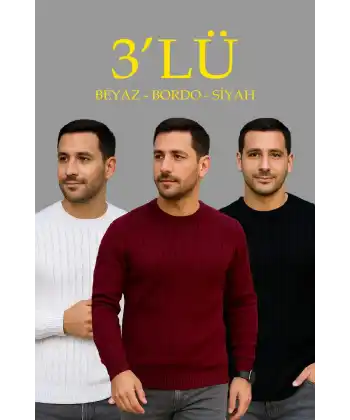 Erkek Fitilli Triko Bisiklet Yaka Kalın Kazak 3lü Set Beyaz-Bordo-Siyah