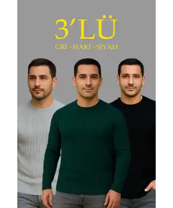 Erkek Fitilli Triko Bisiklet Yaka Kalın Kazak 3lü Set Gri-Haki-Siyah