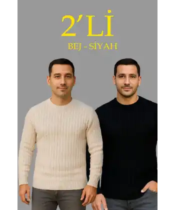 Erkek Fitilli Triko Kazak 2’li Set Bej Beyaz Kalın Dokuma Pamuklu Regular Fit Bisiklet