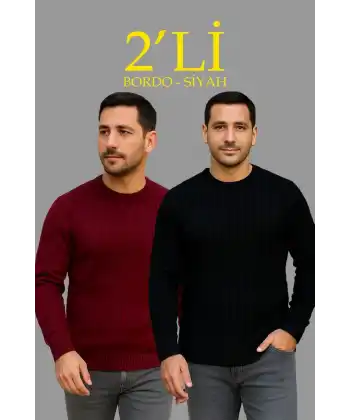 Erkek Fitilli Triko Kazak 2’li Set Siyah Bordo Kalın Dokuma Pamuklu Regular Fit Bisiklet