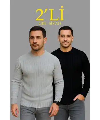 Erkek Fitilli Triko Kazak 2’li Set Siyah Gri Kalın Dokuma Pamuklu Regular Fit Bisiklet