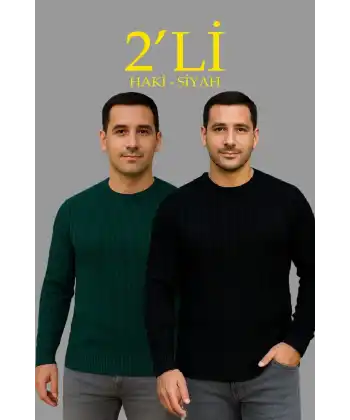 Erkek Fitilli Triko Kazak 2’li Set Siyah Haki Kalın Dokuma Pamuklu Regular Fit Bisiklet