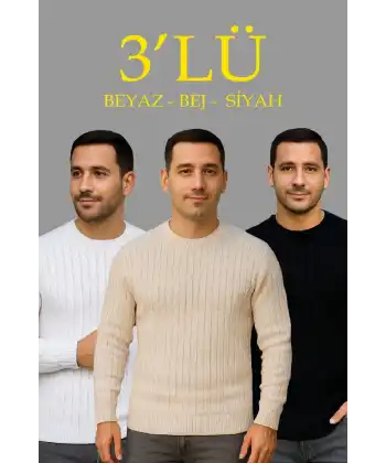 Erkek Fitilli Triko Kazak 3’lü Set Bej Beyaz Siyah | Kalın Dokuma Pamuklu Regular Fit