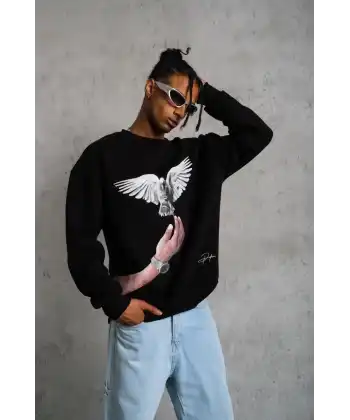 Erkek Güvercin Baskılı 3 iplik Bisiklet Yaka ipamuklu Sweatshirt - Siyah