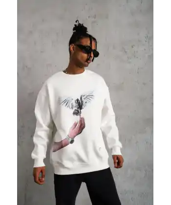 Erkek Güvercin Baskılı 3 iplik pamuklu Bisiklet Yaka Sweatshirt - Beyaz