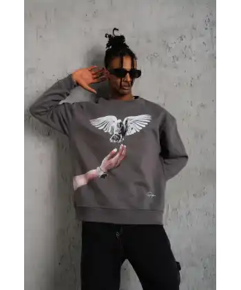 Erkek Güvercin Baskılı 3 iplik pamuklu Bisiklet Yaka Sweatshirt - Gri