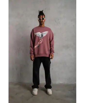 Erkek Güvercin Baskılı Bisiklet Yaka Sweatshirt 3 iplik pamuklu - Gül Kurusu