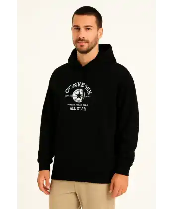 Erkek Kapşonlu Sweatshirt – Üç İplik Şardonlu Kumaş, Oversize Fit, Ön & Arka Baskılı, Kanguru Cepli, Kışlık Rahat Hoodie- Siyah