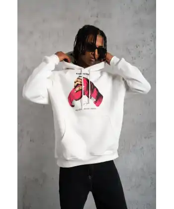 Erkek Kapüşonlu Cepli Boks Eldiven Baskılı 3 İplik Sweatshirt Hoodie - Beyaz