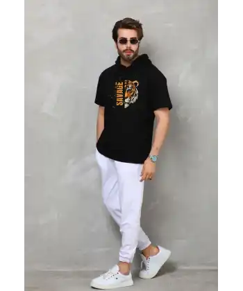 Erkek Kapüşonlu Kısa Kol Oversize Baskılı T-Shirt - Siyah