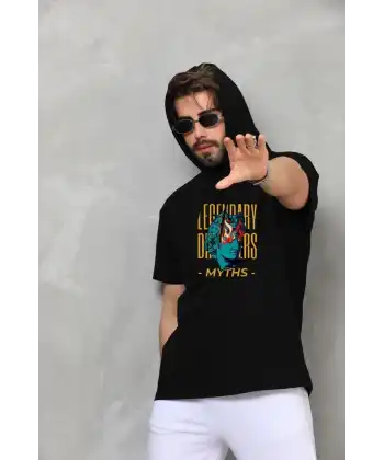 Erkek Kapüşonlu Kolsuz Oversize Baskılı Tişört - Siyah