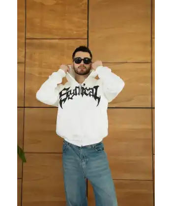 Erkek Kapüşonlu 3 İplik Şardonlu Önü Baskılı Fermuarlı Oversize Sweatshirt - Beyaz
