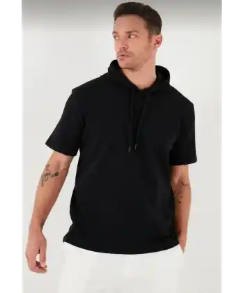 Erkek Kapüşonlu Tişört Kısa Kol Düz Oversize T-shirt - Siyah