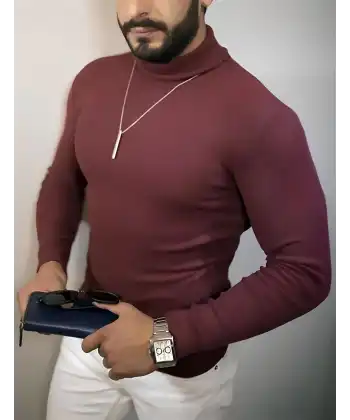 Erkek Kaşkorse Boğazlı Full Likralı Fitilli Body Kazak - Bordo