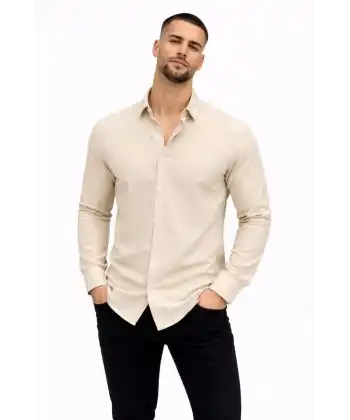 Erkek KETEN Kumaş  Uzun Kollu Regular fit Gömlek - Bej