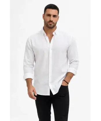 Erkek KETEN Kumaş Uzun Kollu Regular fit Gömlek - Beyaz