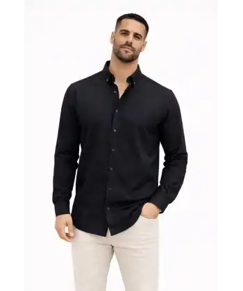 Erkek KETEN Kumaş  Uzun Kollu Regular Fit Gömlek - Siyah