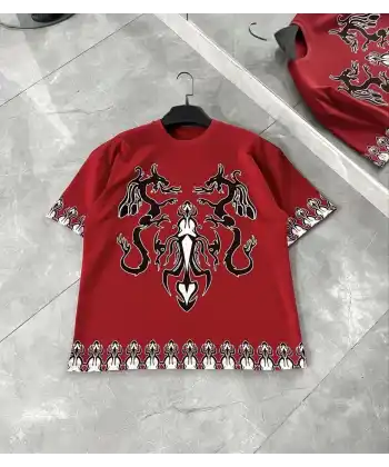 Erkek  Kısa kol Bisiklet Yaka Baskılı Oversize T-Shirt - Kırmızı