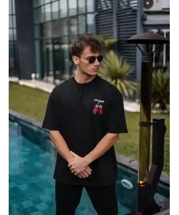 Erkek Kısa Kol Tişört Bisiklet Yaka Box Eldiven Baskılı T-Shirt -  Siyah