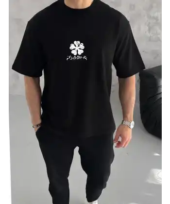 Erkek Kısa Kol Tişört Bisiklet Yaka YONCA Baskılı Oversize T-Shirt - Siyah