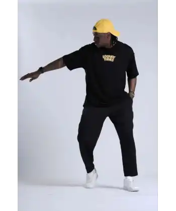 Erkek Kısa Kol Yazlık Tişört Bisiklet Yaka Baskılı Oversize T-Shirt - Siyah