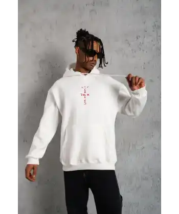 Erkek Kordonlu Arka Maske Kordon Saçlı Kapüşonlu - Beyaz