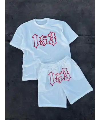 Erkek Nakış İşlemeli Şortlu Takım - Beyaz