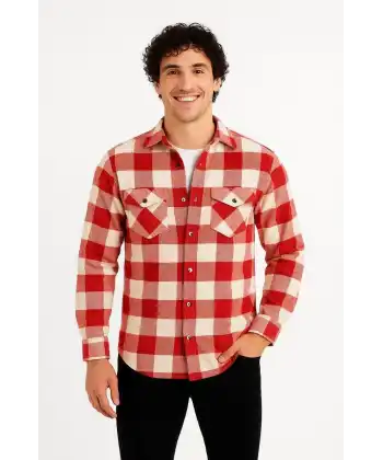 Erkek Oduncu Gömlek – Uzun Kollu, Şardonlu Kumaş, Kareli Desen, Regular Fit, Manşetli, Çift Cepli, Rahat Günlük Bahar & Kış Stil - Kırmızı