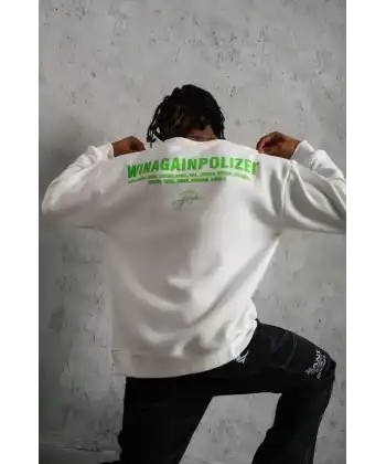 Erkek Oversize Sweatshirt Ön ve Sırt Baskılı 3 İplik Pamuklu - Beyaz