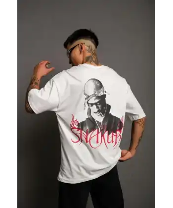 Erkek Oversize Tişört – Beyaz 24/1 Penye Kumaş, Bisiklet Yaka, Ön & Arka Baskılı, Streetwear Tarzı Rahat Büyük Kalıp T-Shirt- Beyaz