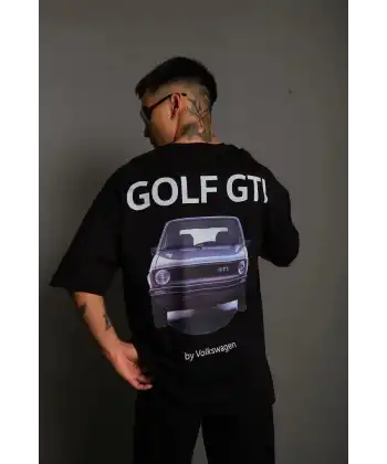 Erkek Oversize Tişört Golf GTI Retro Araba Baskılı T-shirt - Siyah