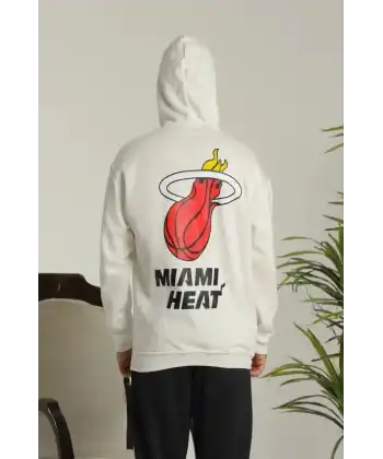 Erkek Oversize Üç İplik Kapüşonlu Sweatshirt –Sırt ve Ön Baskılı, Kanguru Cepli, Rahat Kalıp Maskot Desenli Model - Siyah Beyaz