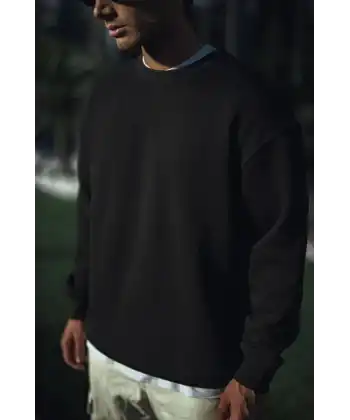 Erkek pamuklu Bisiklet Yaka 3 İplik Basic SweatShirt - Siyah