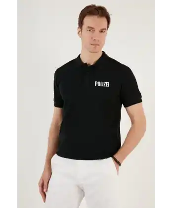 Erkek Polo Yaka Tişört Düğmeli Pike Baskılı T-Shirt - Siyah