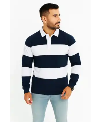 Erkek Polo Yaka Uzun Kollu Çizgili Sweatshirt Trend Rugby Stil - Lacivert