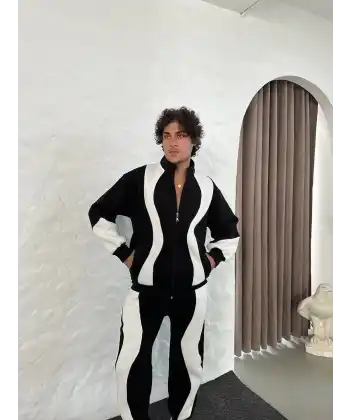 Erkek Premium Parçalı Eşofman Takım - Dik Yaka Fermuarlı Sweatshirt, - Siyah