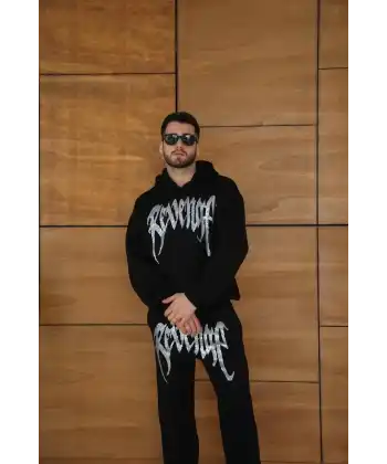 Erkek Premium Taş Baskılı Eşofman Takım Revenge Model (Siyah) Kapüşonlu Üst + Taşlı Baskılı Alt Modern Streetwear Tarzı Oversize Rahat Kalıp 3 iplik Pamuklu - Siyah