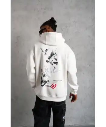 Erkek Şapkalı Güvercin Baskılı Kapşonlu Sweat - Beyaz