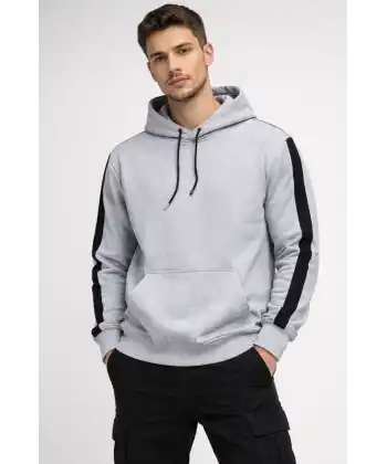Erkek Şeritli Kapüşonlu Oversize Sweatshirt 3 iplik Pamuklu hoodie - Beyaz