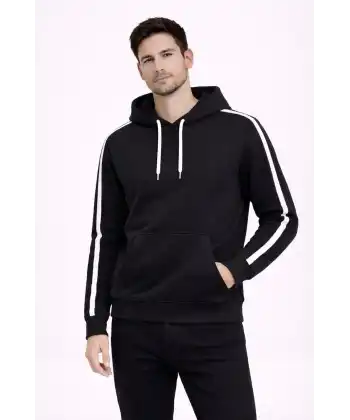 Erkek Şeritli Kapüşonlu Sweatshirt Oversize 3 iplik Pamuklu Hoodei - Siyah