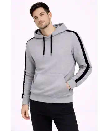 Erkek Şeritli Kapüşonlu Sweatshirt Oversize 3 iplik Pamuklu Hoodie - Gri