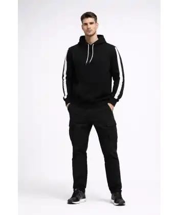 Erkek Şeritli Kapüşonlu Sweatshirt Oversize 3 iplik Pamuklu Hoodie - Siyah
