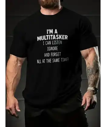 Erkek T-shirt Komik Multitasker Baskılı Kısa kol Tişört - Siyah