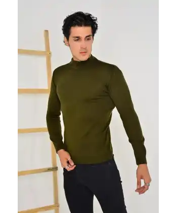 Erkek Tam Balıkçı Yaka Düz Renk Kazak - Yeşil